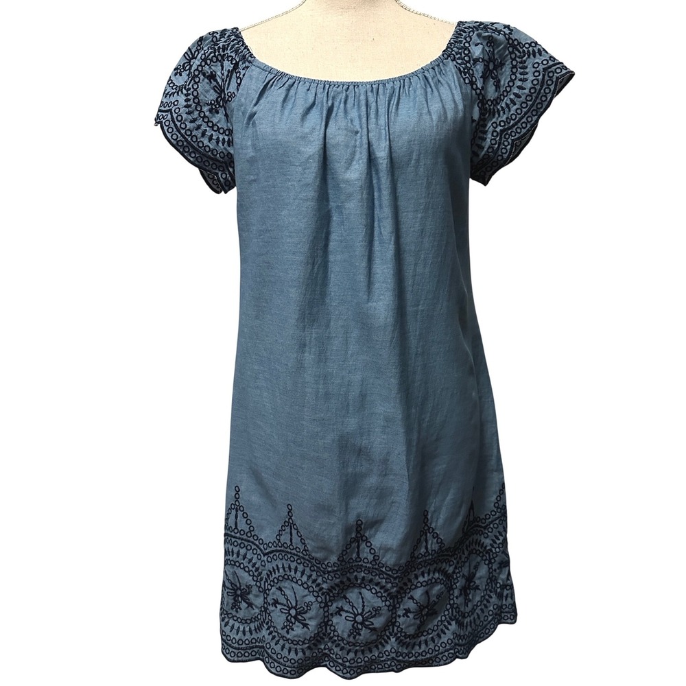 Embroidered Eyelet Mini‎ Dress Short Sleeve Scalloped Hem Blue Petite Short Boho